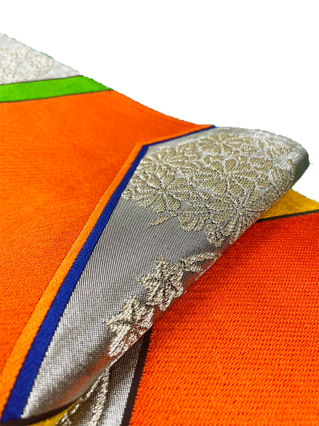 Japanese Kimono Vintage Fukuro Obi - Silver, Orange & Yellow & Green pattern