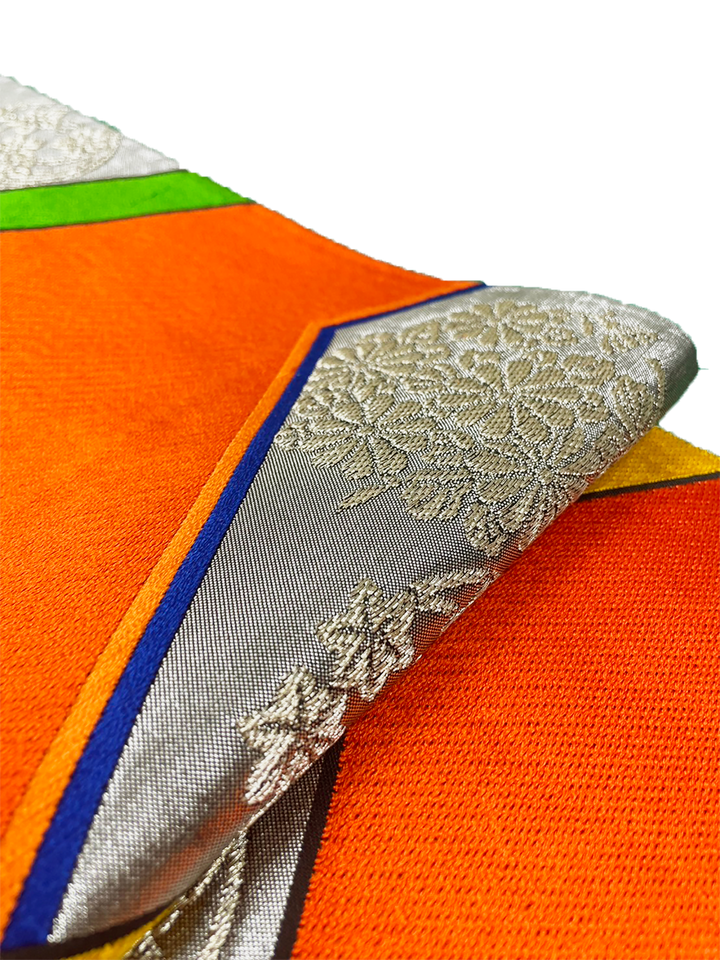 Japanese Kimono Vintage Fukuro Obi - Silver, Orange & Yellow & Green pattern