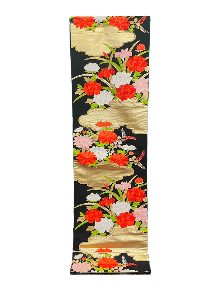 Japanese Kimono Vintage Fukuro Obi - Black, Gold and Red Flower Embroidery