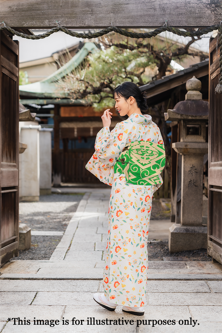 Japanese Kimono Vintage Fukuro Obi - Green, Diamond, Gold Embroidery