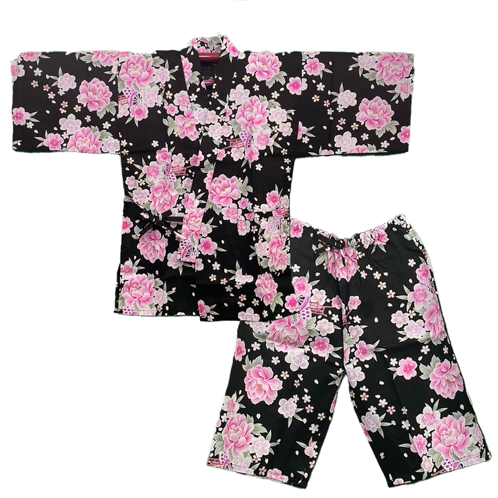 Women’s Jinbei, Summer Relax Wear, Casual, Matsuri - Black, Paeony