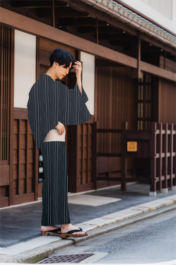 Men's PLUS size Cotton Yukata, Casual Kimono - Black, Striped