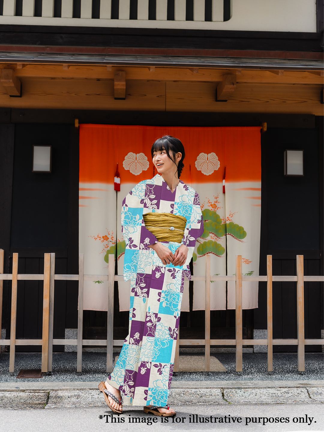 Women's Cotton Yukata, Casual Summer Kimono - Light Blue & Purple, Peony