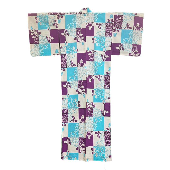 Women's Cotton Yukata, Casual Summer Kimono - Light Blue & Purple, Peony