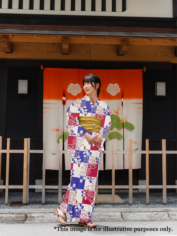 Women's Cotton Yukata, Casual Summer Kimono - Blue & Red, Peony