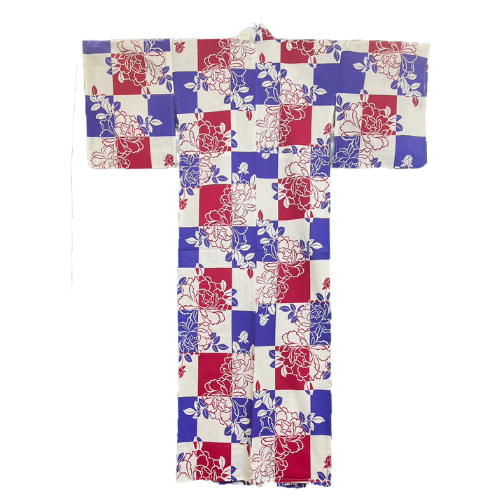 Women's Cotton Yukata, Casual Summer Kimono - Blue & Red, Peony