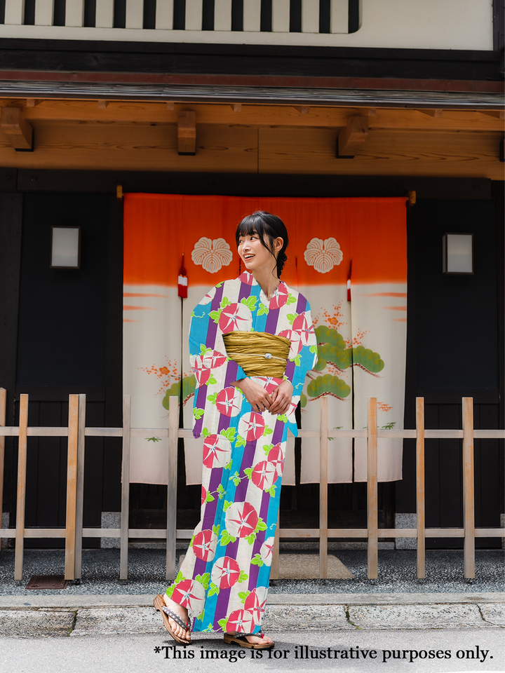 Women's Cotton Yukata, Casual Summer Kimono - Light Blue & Purple, Morning Glory