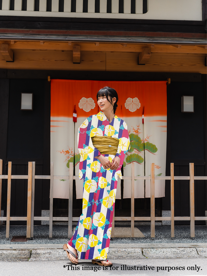 Women's Cotton Yukata, Casual Summer Kimono - Blue & Pink, Morning Glory