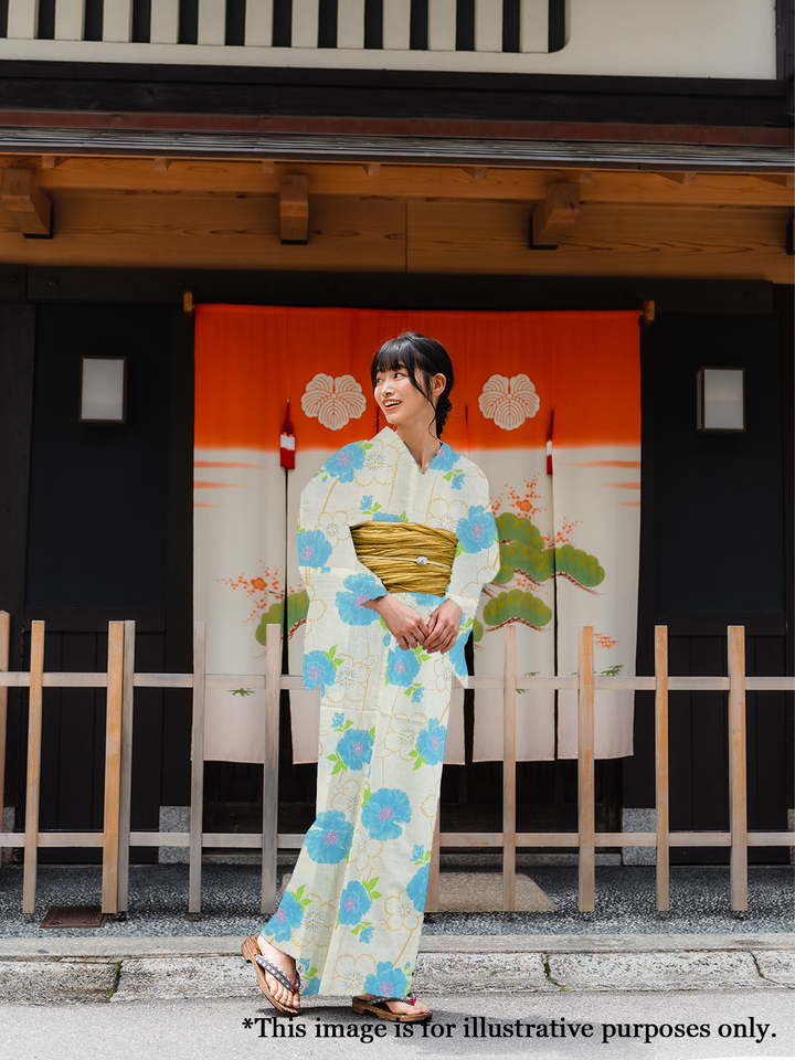 Women's Cotton Yukata, Casual Summer Kimono - White, Light Blue Peony