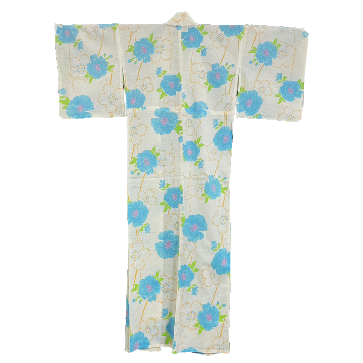 Women's Cotton Yukata, Casual Summer Kimono - White, Light Blue Peony