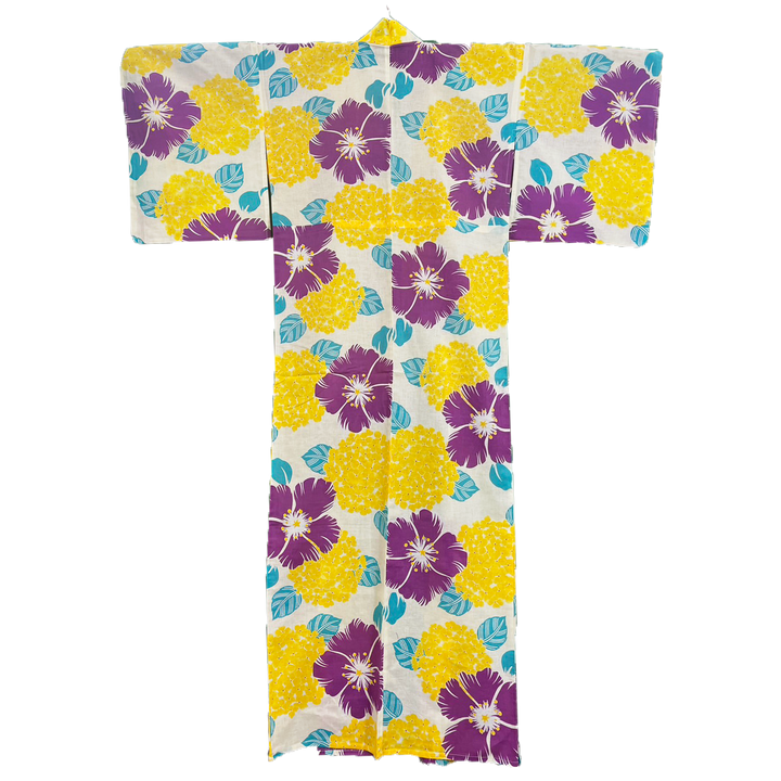 Women's Cotton Yukata, Casual Summer Kimono - White, Yellow Hydrangea