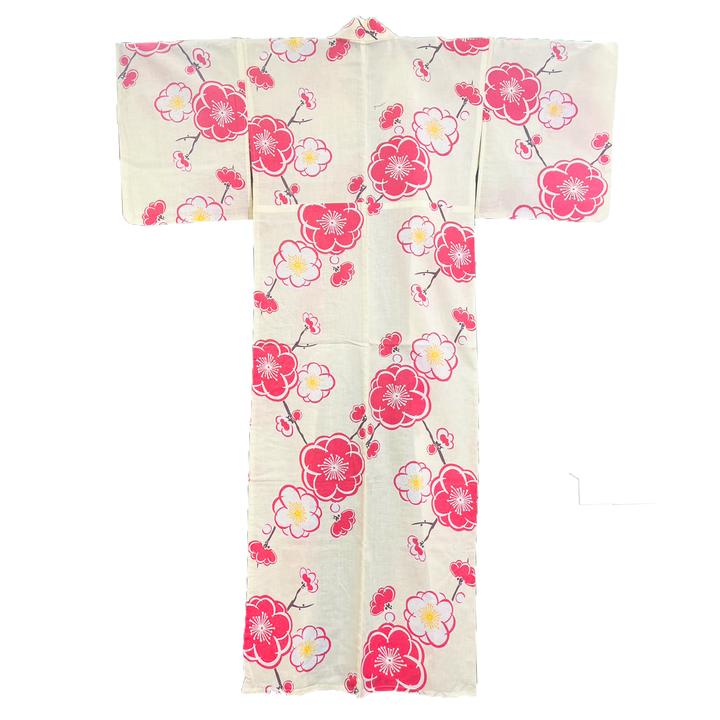 Women's Cotton Yukata, Casual Summer Kimono - White, Pink Plum