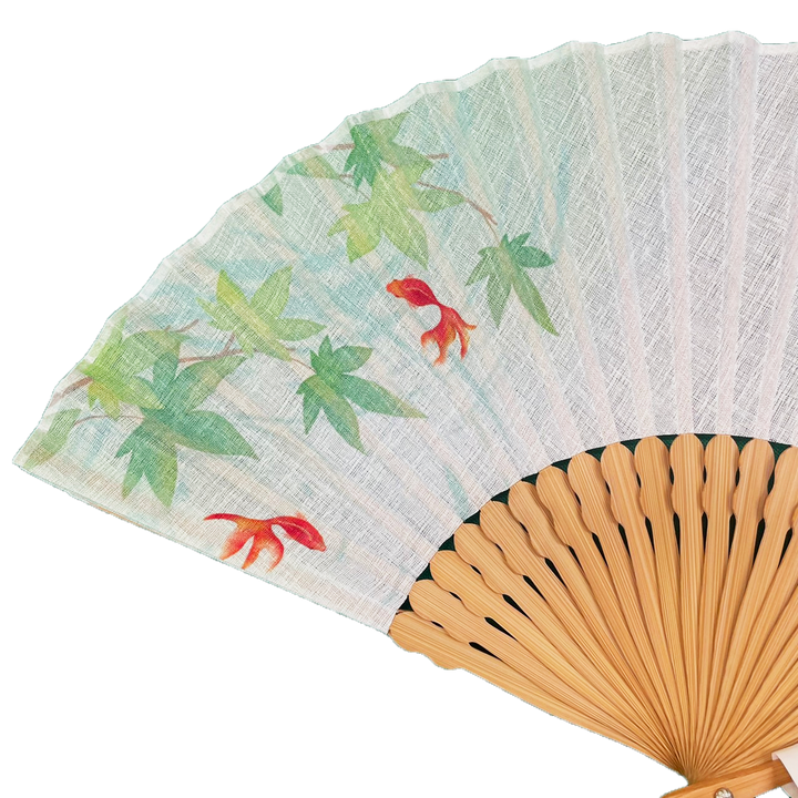 Japanese Sensu Foldable Fan | Fabric Type, Red Gold fish