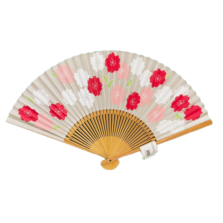 Japanese Sensu Foldable Fan | Fabric Type, Light Blue, Red Flowers