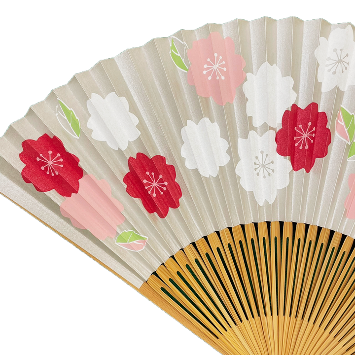 Japanese Sensu Foldable Fan | Fabric Type, Light Blue, Red Flowers