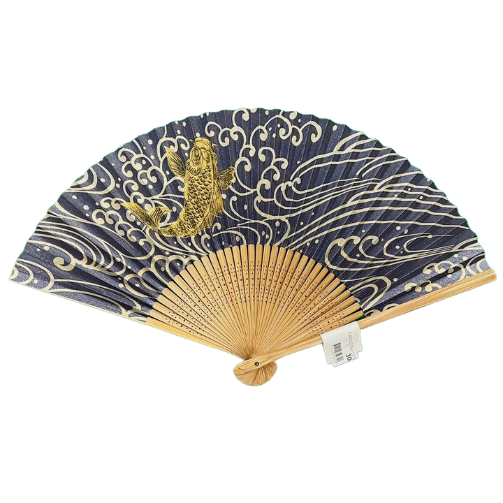 Japanese Sensu Foldable Fan | Paper Type, Dark Blue Wave, Goldfish