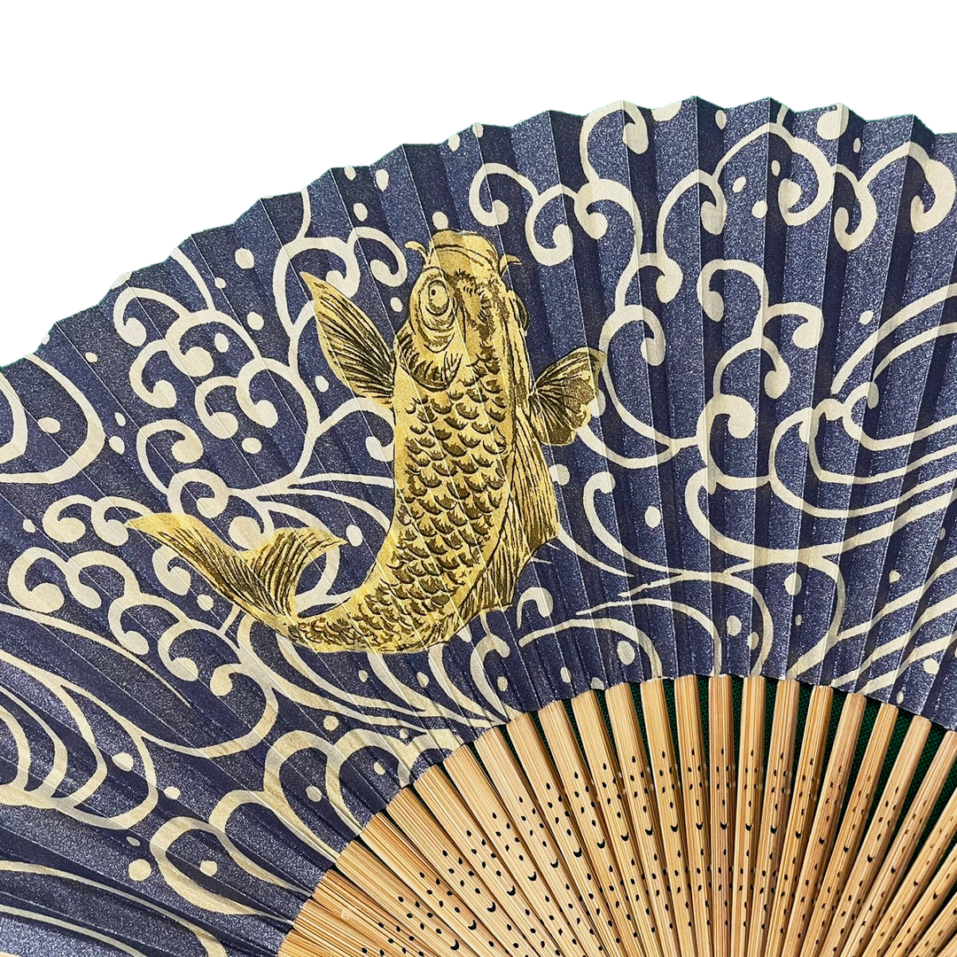 Japanese Sensu Foldable Fan | Paper Type, Dark Blue Wave, Goldfish