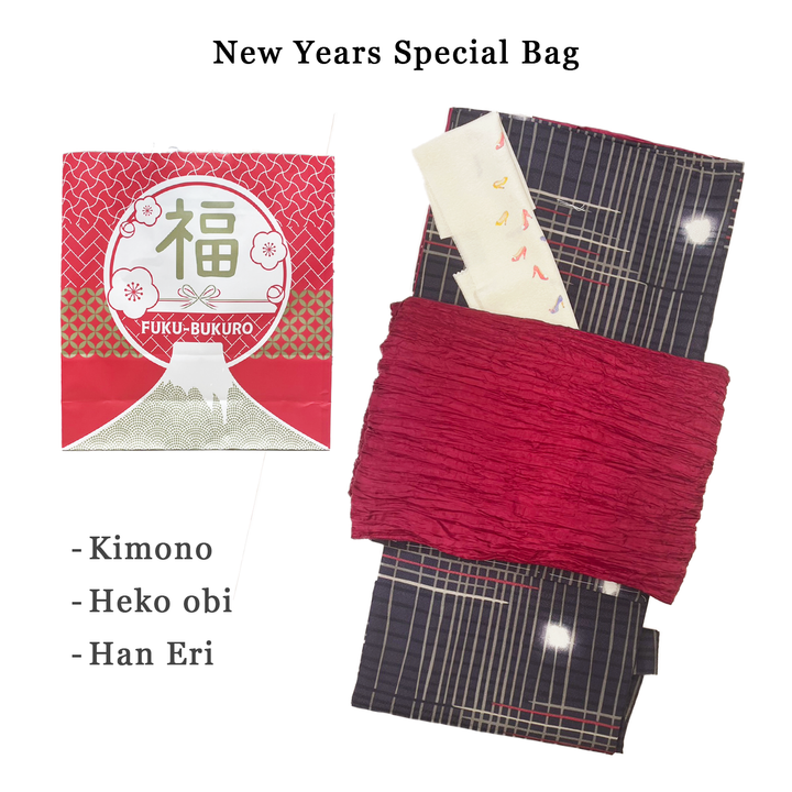 ★New Year's Lucky Bag / Kimono 3 Piece Set / Kimono, Obi, Han Eri / Black & Red