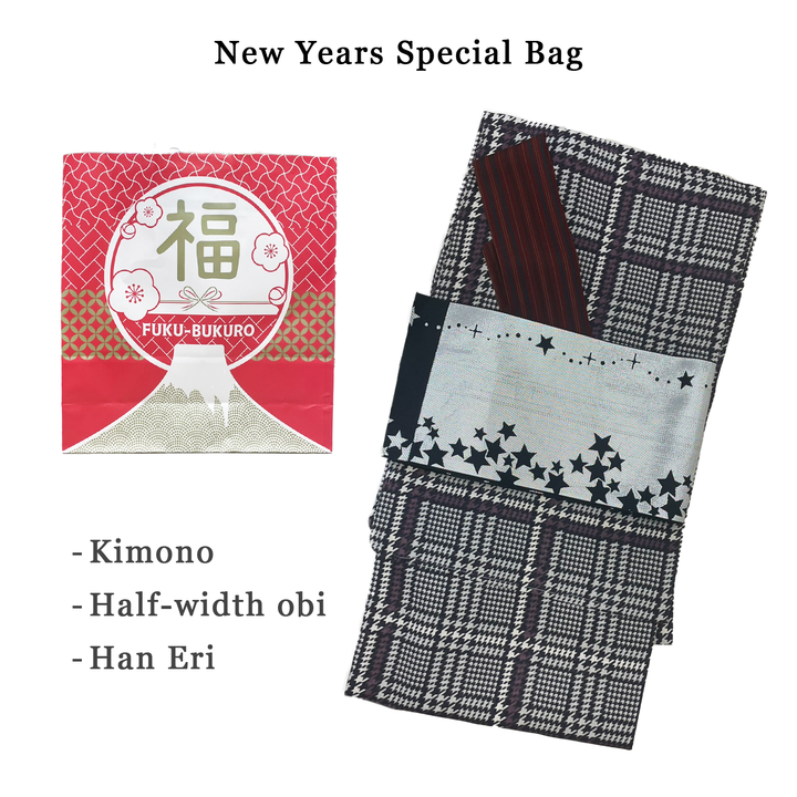 ★New Year's Lucky Bag / Kimono 3 Piece Set / Kimono, Obi, Han Eri / Black & Silver