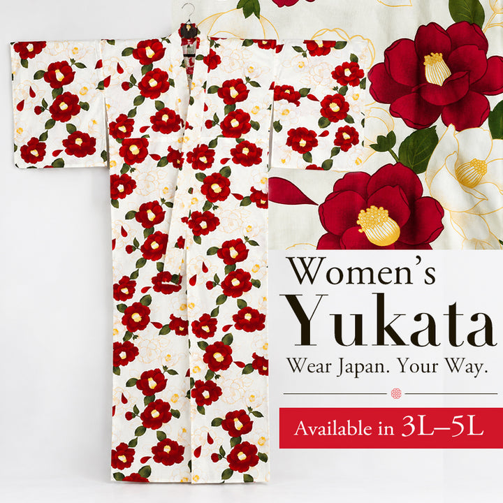 Plus‑Size Women's Cotton Yukata (3L/4L/5L), Casual Summer Kimono – Light Beige with Red Camellia Pattern