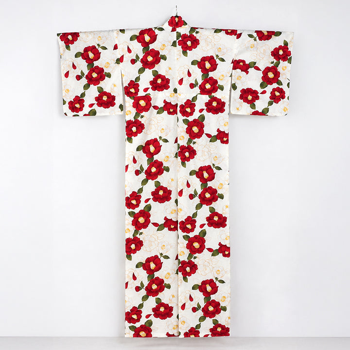 Plus‑Size Women's Cotton Yukata (3L/4L/5L), Casual Summer Kimono – Light Beige with Red Camellia Pattern