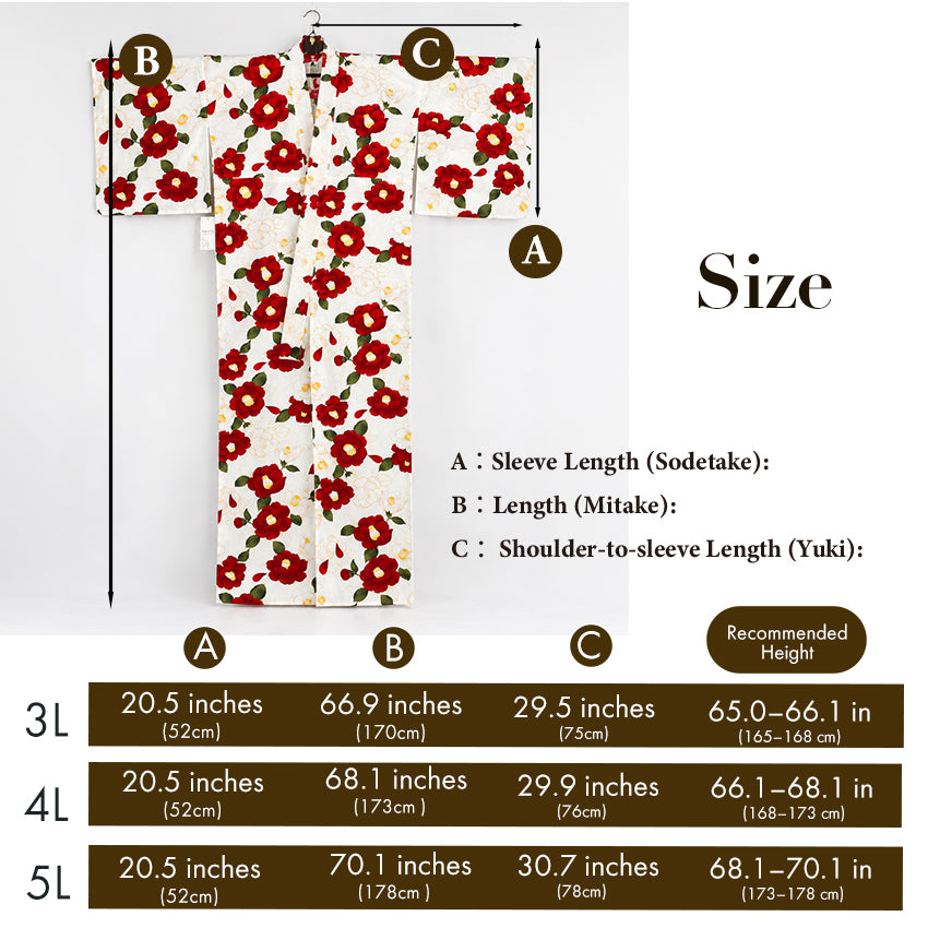 Plus‑Size Women's Cotton Yukata (3L/4L/5L), Casual Summer Kimono – Light Beige with Red Camellia Pattern