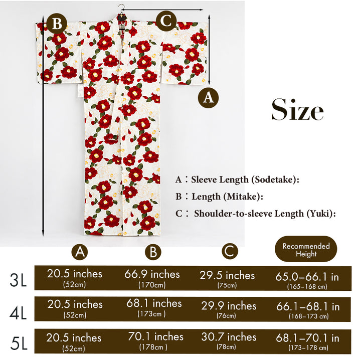 Plus‑Size Women's Cotton Yukata (3L/4L/5L), Casual Summer Kimono – Light Beige with Red Camellia Pattern