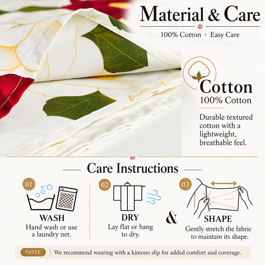Plus‑Size Women's Cotton Yukata (3L/4L/5L), Casual Summer Kimono – Light Beige with Red Camellia Pattern