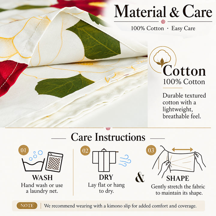 Plus‑Size Women's Cotton Yukata (3L/4L/5L), Casual Summer Kimono – Light Beige with Red Camellia Pattern