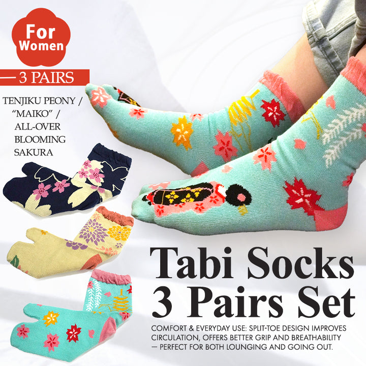 Japanese Tabi Split Toe Socks for Women – 3 Pairs (“Tenjiku Peony” / “Maiko” / “All-Over Blooming Sakura”) – Split-Toe Comfort Socks for Holiday & Everyday Gifting