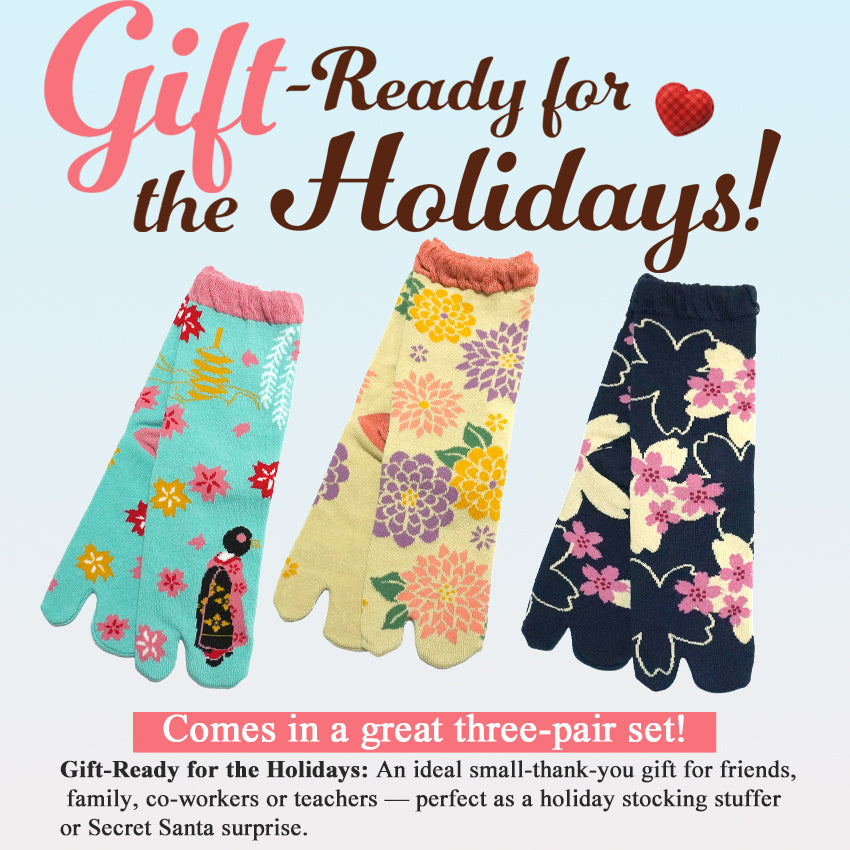 Japanese Tabi Split Toe Socks for Women – 3 Pairs (“Tenjiku Peony” / “Maiko” / “All-Over Blooming Sakura”) – Split-Toe Comfort Socks for Holiday & Everyday Gifting