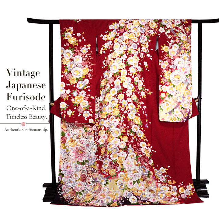 Vintage Japanese Furisode Kimono, Authentic Silk Formal Kimono Made in Japan,  Crimson Elegance" – Suo Dark Red Silk Kimono with Sakura, Peony & Temari Ball