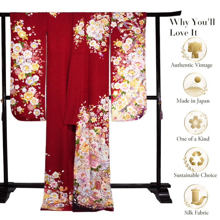 Vintage Japanese Furisode Kimono, Authentic Silk Formal Kimono Made in Japan,  Crimson Elegance" – Suo Dark Red Silk Kimono with Sakura, Peony & Temari Ball
