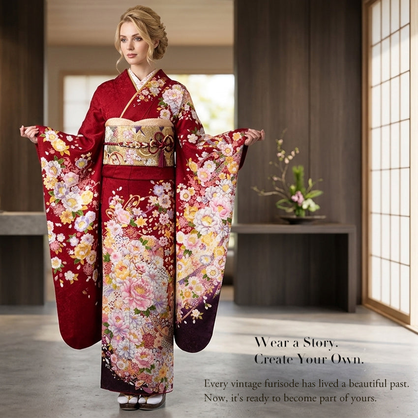 Vintage Japanese Furisode Kimono, Authentic Silk Formal Kimono Made in Japan,  Crimson Elegance" – Suo Dark Red Silk Kimono with Sakura, Peony & Temari Ball
