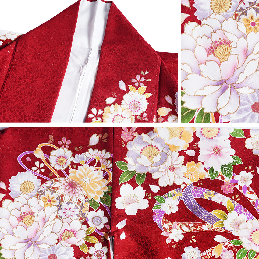 Vintage Japanese Furisode Kimono, Authentic Silk Formal Kimono Made in Japan,  Crimson Elegance" – Suo Dark Red Silk Kimono with Sakura, Peony & Temari Ball