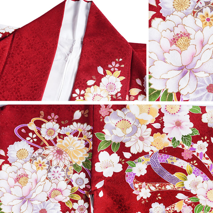 Vintage Japanese Furisode Kimono, Authentic Silk Formal Kimono Made in Japan,  Crimson Elegance" – Suo Dark Red Silk Kimono with Sakura, Peony & Temari Ball