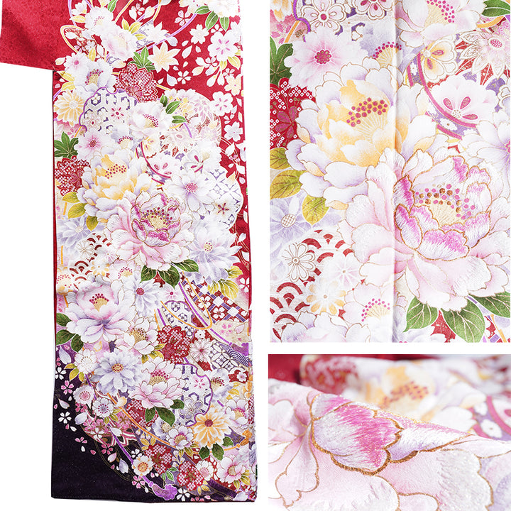 Vintage Japanese Furisode Kimono, Authentic Silk Formal Kimono Made in Japan,  Crimson Elegance" – Suo Dark Red Silk Kimono with Sakura, Peony & Temari Ball