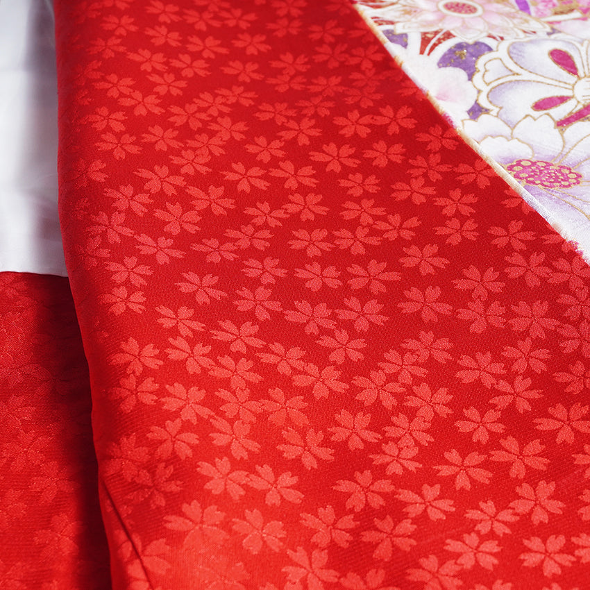 Vintage Japanese Furisode Kimono, Authentic Silk Formal Kimono Made in Japan,  Crimson Elegance" – Suo Dark Red Silk Kimono with Sakura, Peony & Temari Ball
