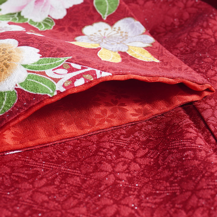 Vintage Japanese Furisode Kimono, Authentic Silk Formal Kimono Made in Japan,  Crimson Elegance" – Suo Dark Red Silk Kimono with Sakura, Peony & Temari Ball