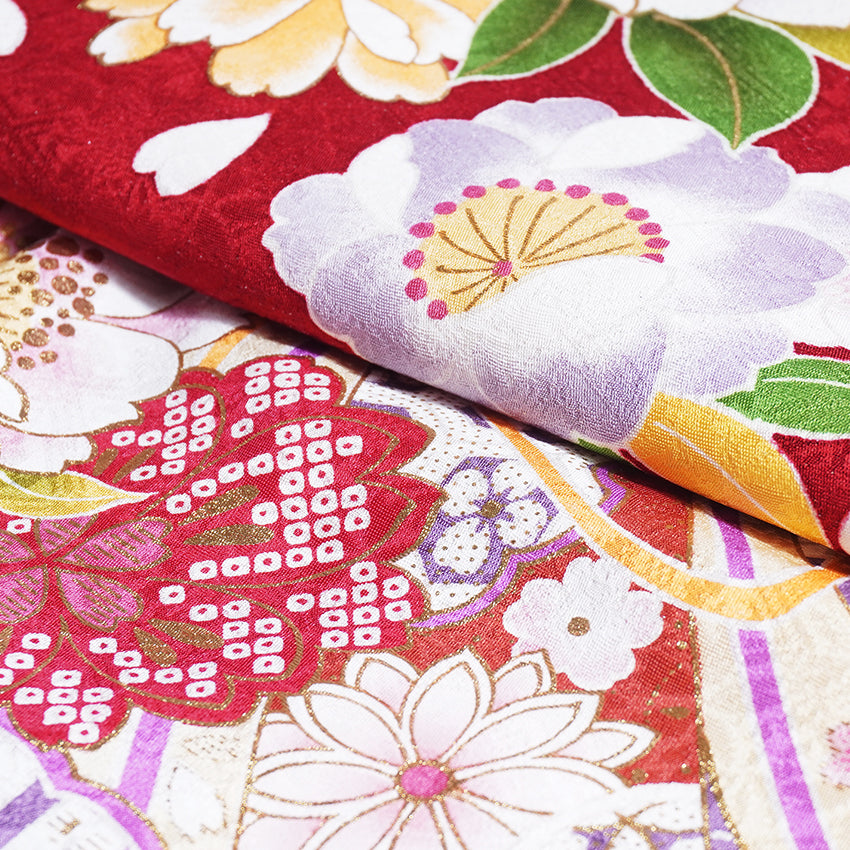 Vintage Japanese Furisode Kimono, Authentic Silk Formal Kimono Made in Japan,  Crimson Elegance" – Suo Dark Red Silk Kimono with Sakura, Peony & Temari Ball
