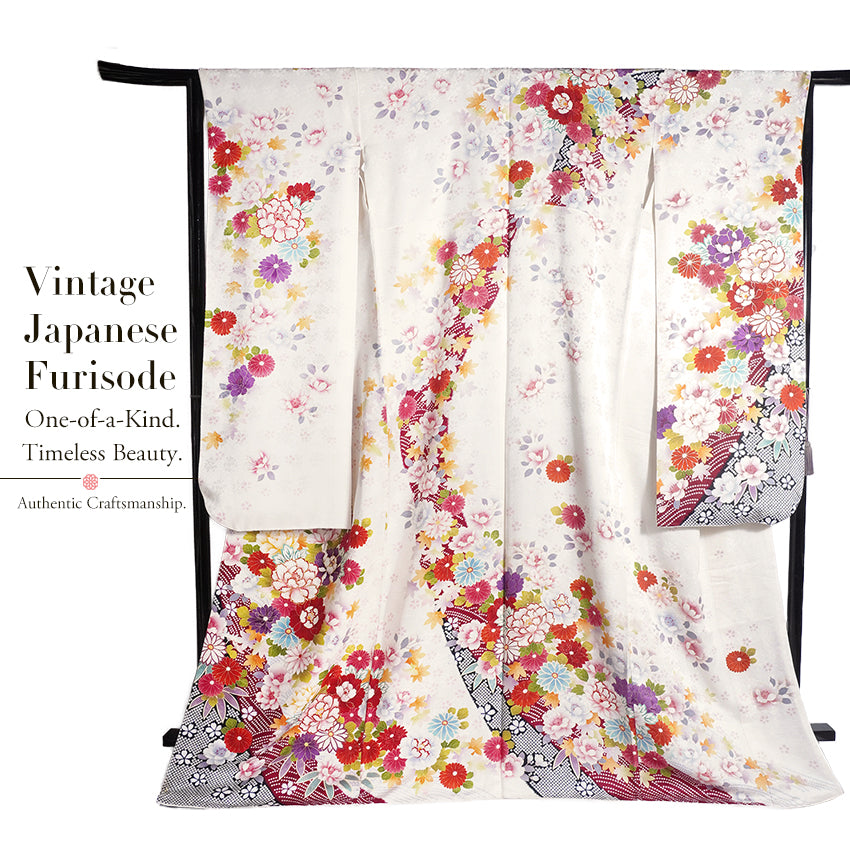 Vintage Japanese Furisode Kimono, Authentic Silk Formal Kimono Made in Japan, "Pure Harmony" – Off-White Silk Kimono with Royal Peonies & Autumn Maple