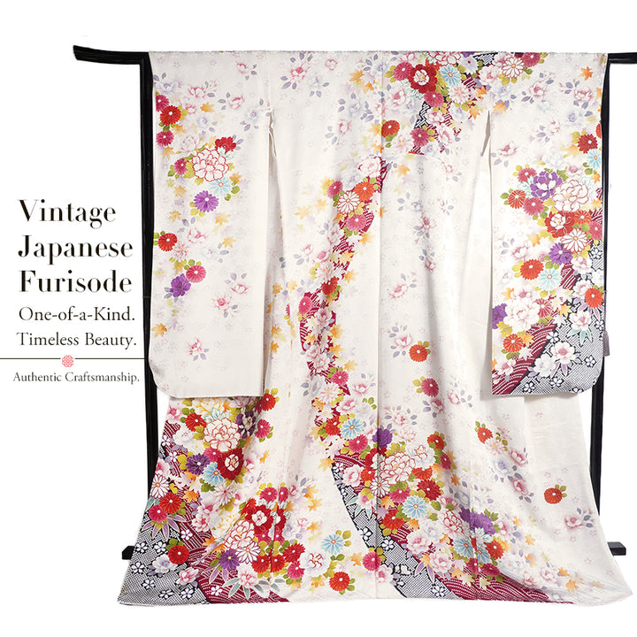 Vintage Japanese Furisode Kimono, Authentic Silk Formal Kimono Made in Japan, "Pure Harmony" – Off-White Silk Kimono with Royal Peonies & Autumn Maple