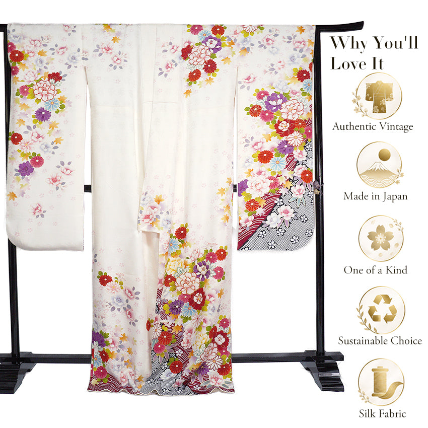Vintage Japanese Furisode Kimono, Authentic Silk Formal Kimono Made in Japan, "Pure Harmony" – Off-White Silk Kimono with Royal Peonies & Autumn Maple