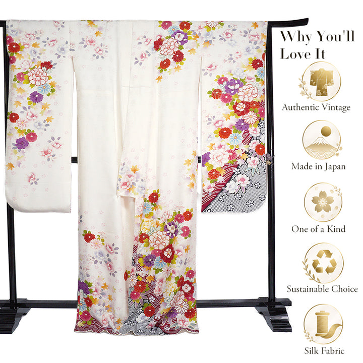 Vintage Japanese Furisode Kimono, Authentic Silk Formal Kimono Made in Japan, "Pure Harmony" – Off-White Silk Kimono with Royal Peonies & Autumn Maple