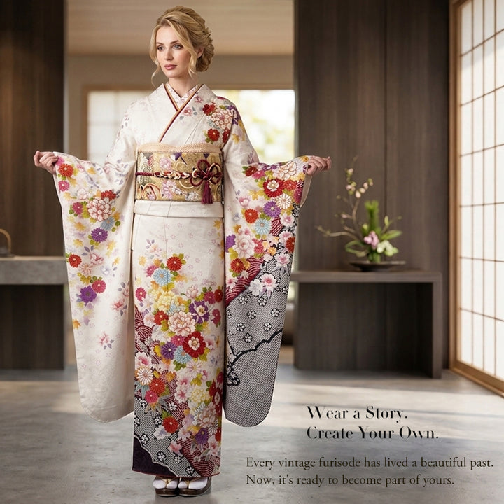 Vintage Japanese Furisode Kimono, Authentic Silk Formal Kimono Made in Japan, "Pure Harmony" – Off-White Silk Kimono with Royal Peonies & Autumn Maple