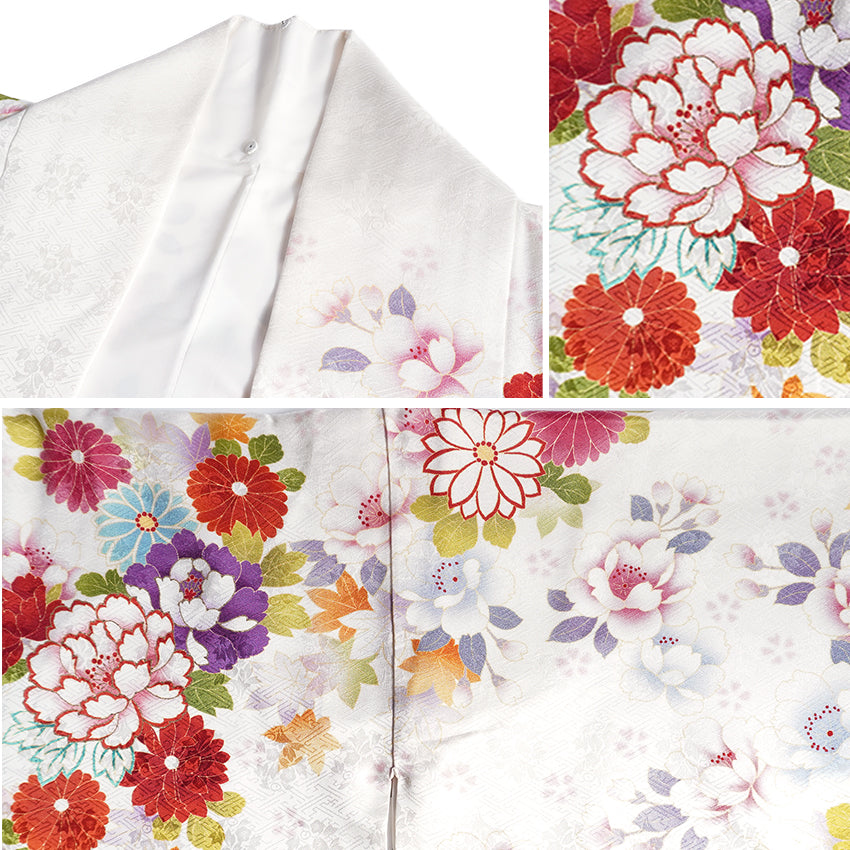 Vintage Japanese Furisode Kimono, Authentic Silk Formal Kimono Made in Japan, "Pure Harmony" – Off-White Silk Kimono with Royal Peonies & Autumn Maple