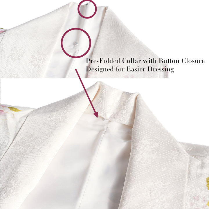 Vintage Japanese Furisode Kimono, Authentic Silk Formal Kimono Made in Japan, "Pure Harmony" – Off-White Silk Kimono with Royal Peonies & Autumn Maple