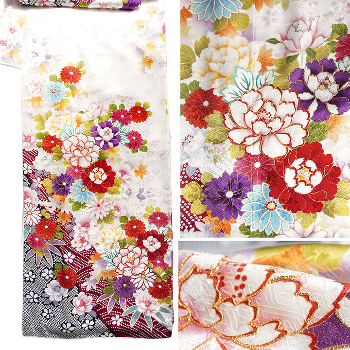 Vintage Japanese Furisode Kimono, Authentic Silk Formal Kimono Made in Japan, "Pure Harmony" – Off-White Silk Kimono with Royal Peonies & Autumn Maple