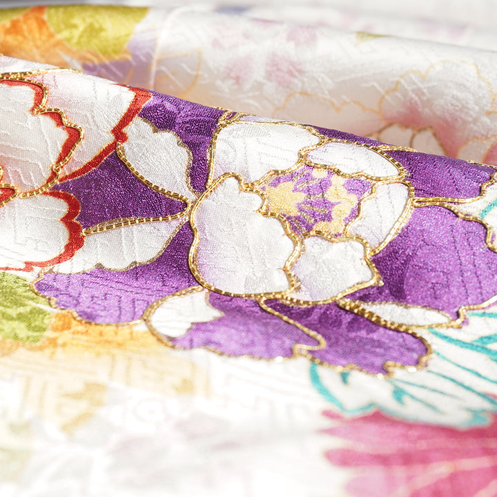 Vintage Japanese Furisode Kimono, Authentic Silk Formal Kimono Made in Japan, "Pure Harmony" – Off-White Silk Kimono with Royal Peonies & Autumn Maple
