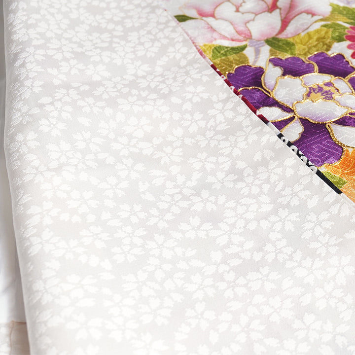 Vintage Japanese Furisode Kimono, Authentic Silk Formal Kimono Made in Japan, "Pure Harmony" – Off-White Silk Kimono with Royal Peonies & Autumn Maple